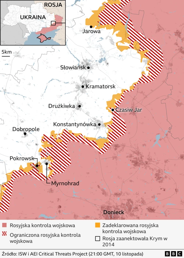 Mapa pokazująca miasta w rejonie Doniecka
