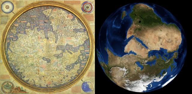 La imagen muestra el mapamundi de Fra Mauro, y una imagen satelital actual. La diferencia entre ambas imágenes es poca.