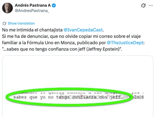 Captura de la cuenta de X del expresidente Andrés Pastrana