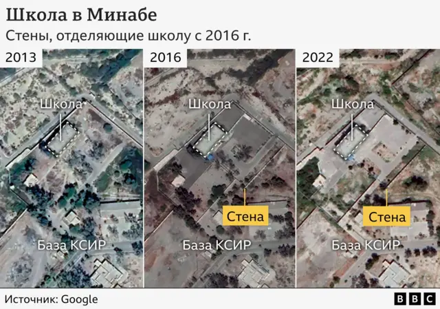 Вид со спутника на школу и базу КСИР в 2013, 2016 и 2022 году. Видно, что в 2016 появилась стена, отделяющая школу.