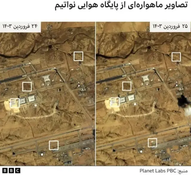 مکان‌هایی که علامت‌گذاری شده ایجاد تغییرات قبل و بعد از حمله موشکی ایران به پایگاه هوایی نواتیم را نشان می‌دهد 