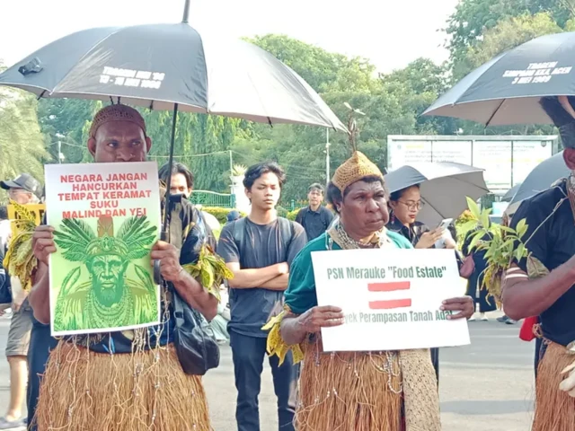 “Kami cuma mau sampaikan, [kehadiran] perusahaan [di Merauke] kami tolak. Karena dia masuk tanpa izin [dengan] kami tuan-tuan dusun," kata Yasinta Gebze (kanan), warga Merauke dari Suku Marind Kondo Digul.
