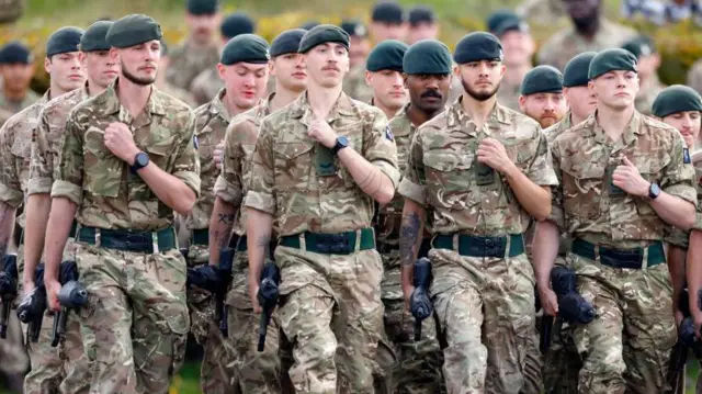 Askerler yan yana geçit töreninde yürüyorlar. Yeşil bereleri var ve yazlık üniformaları giymişler.