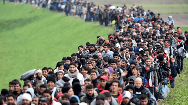 Los migrantes son escoltados por la policía a través de los campos mientras caminan desde el pueblo de Rigonce hasta el campo de refugiados de Brezice.