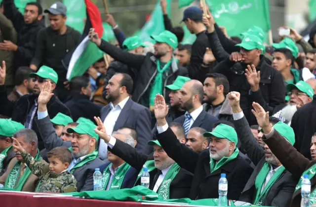 هنية والسنوار في إحياء الذكرى الحادية والثلاثين لتأسيس حركة حماس في مدينة غزة، 16 ديسمبر/كانون الأول 2018