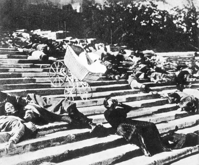 The famous staircase scene in the film "Battleship Potemkin" (1925), directed by Sergei Eisenstein.
