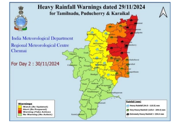 சென்னை, திருவள்ளூர், காஞ்சிபுரம், செங்கல்பட்டு, விழுப்புரம், கடலூர், கள்ளக்குறிச்சி ஆகிய ஏழு மாவட்டங்களுக்கு நாளை (நவம்பர் 30) சிவப்பு எச்சரிக்கை விடுக்கப்பட்டுள்ளது.