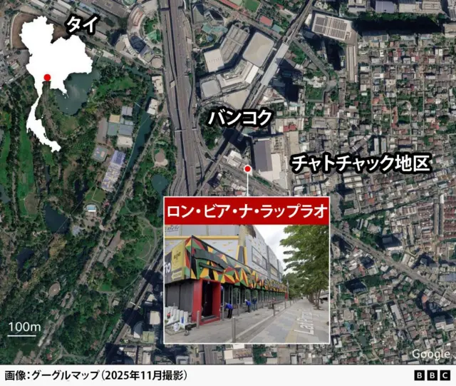 タイ・バンコクのチャトチャック地区の衛星画像。火災が起きたバー「ロン・ビア・ナ・ラップラオ」は画像の中央に赤丸で示されている