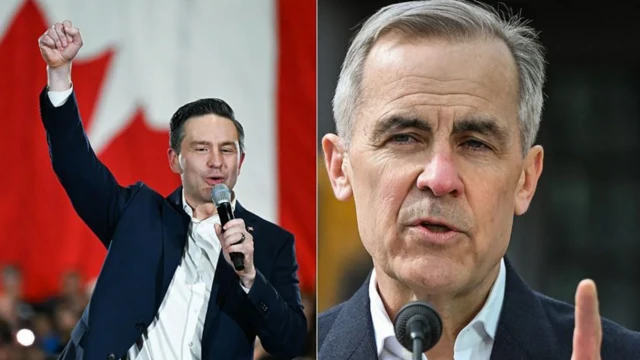 Pierre Poilievre (izquierda), el candidato del Partido Conservador, y Mark Carney, del Partido Liberal, quien sustituyó a Justin Trudeau al frente del gobierno canadiense.