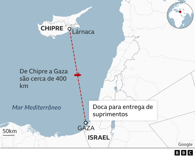 Mapa mostra distância de Chipre à costa de Gaza