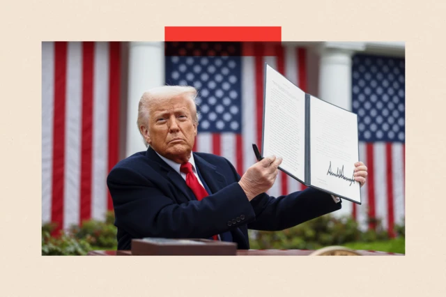 US President Donald Trump show one signed executive order during a tariff announcement for Rose Garden of the White House on 2 April 2025.