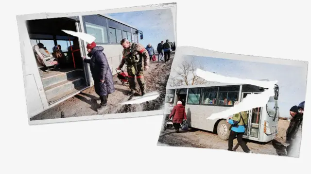 Мирные жители в сопровождении военных заходят в белые автобусы