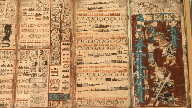 Una página de un manuscrito histórico que representa el calendario maya