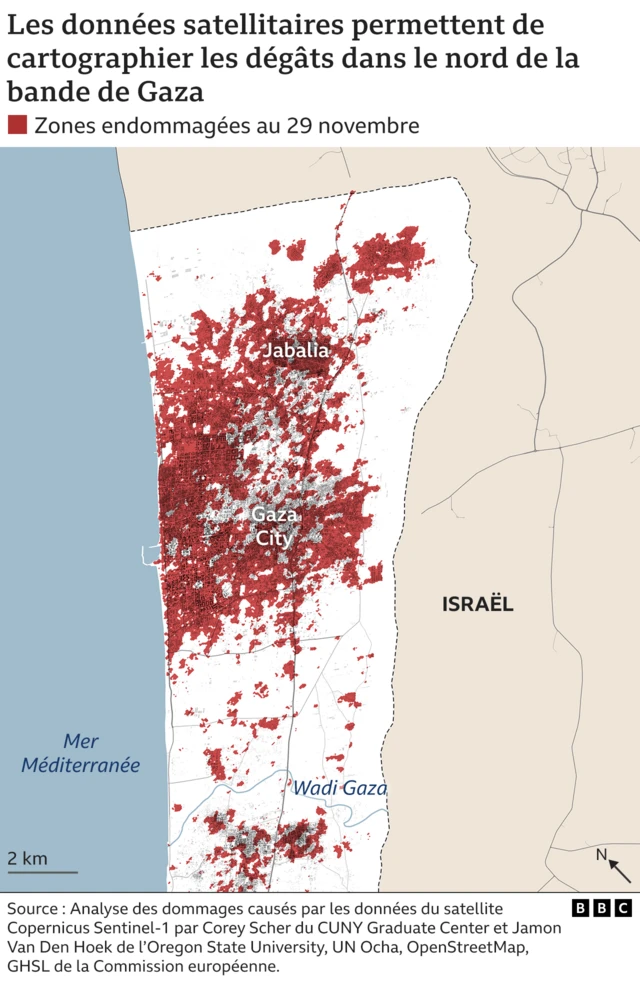 La carte montre les dégâts dans le nord de la bande de Gaza jusqu'au 29 novembre grâce à une analyse par satellite.