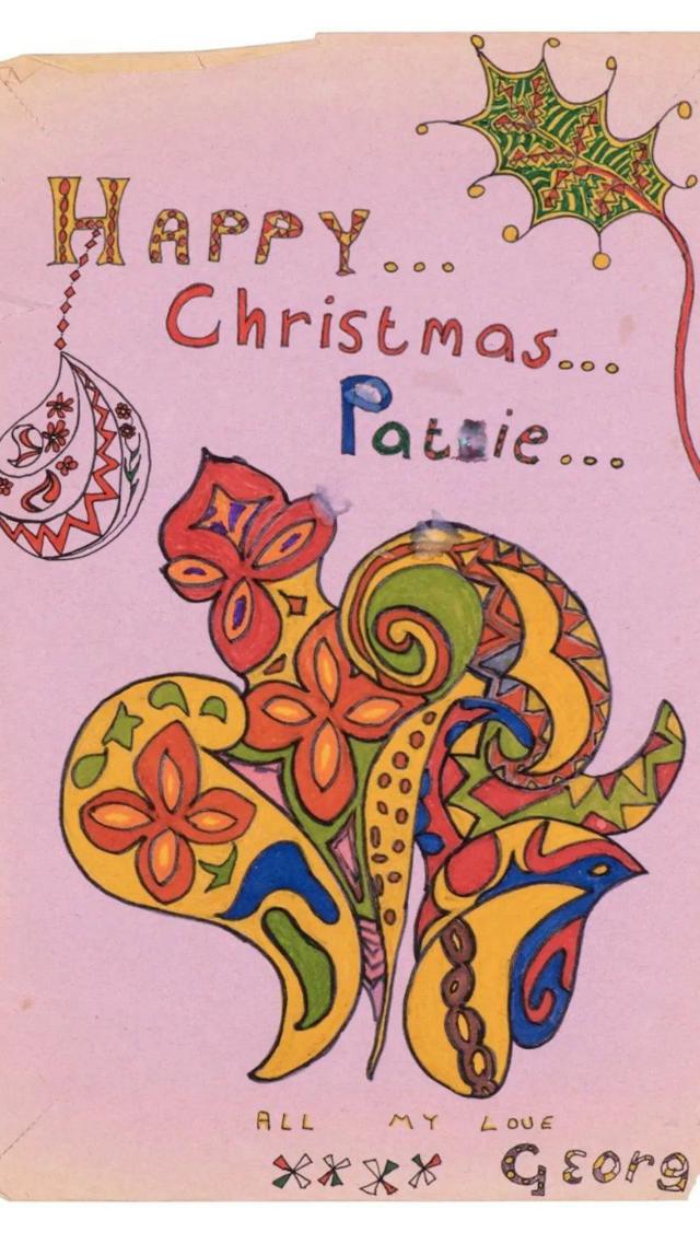Um cartão de Natal desenhado à mão de George Harrison para Pattie Boyd, de 1968