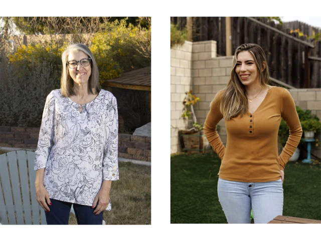 兩張丹妮與喬丹的照片，她們都在自家花園中拍攝，面帶微笑。