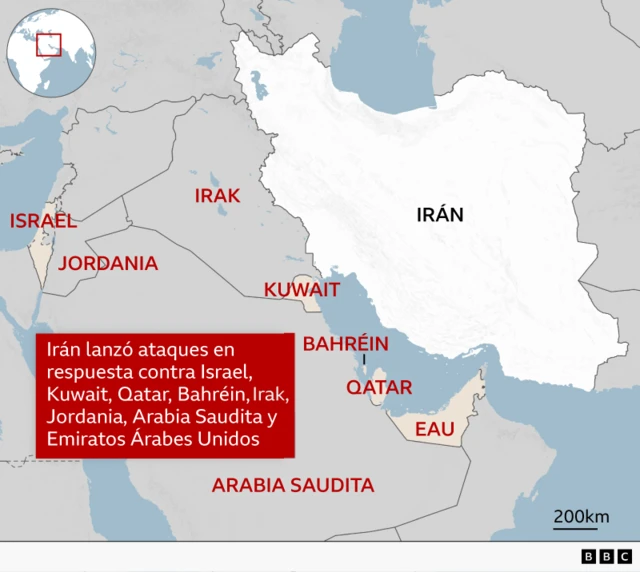 Mapa de los países que Irán atacó.