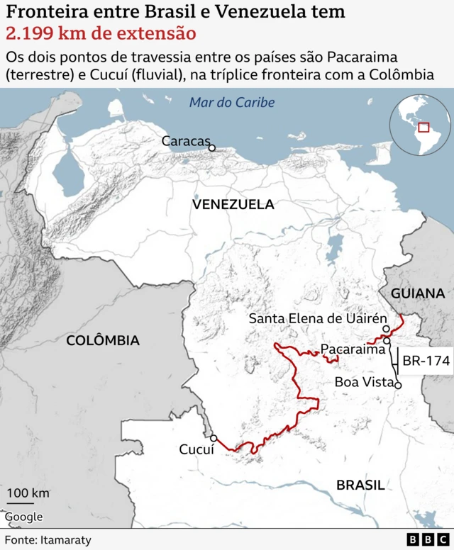 Mapa mostra fronteira da Venezuela com o Brasil
