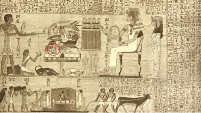 Cette iconographie des Papyrus de Kamara, documents datant d'il y a 3 000 ans, montre la consommation de pastèque (dans le cercle rouge) dans l'Égypte ancienne. (Renner et al., doi : 10.1073/pnas.2101486118).