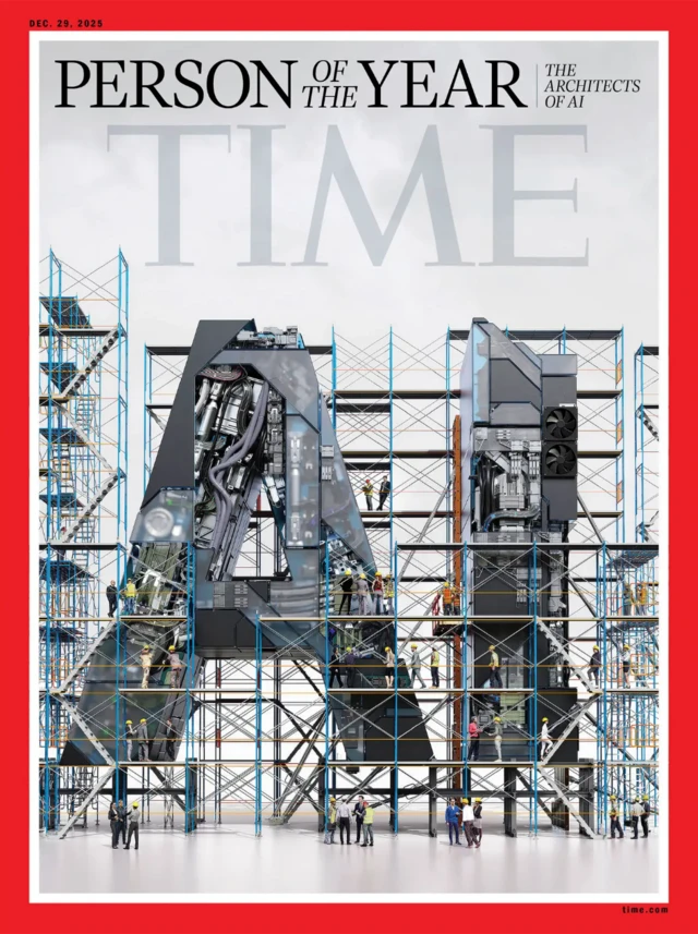 La otra portada de Time muestra las letras AI, siglas de "inteligencia artificial" en inglés, rodeadas de obreros de la construcción. Es como si estuvieran construyendo una estatua gigante con esas letras, utilizando piezas de computadora.