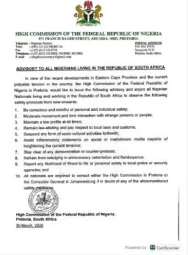 Iléeṣẹ́ aṣojú Nàíjíríà gbé kókó ọ̀rọ̀ mẹ́wàá jáde lórí ìwọ́de tó ń wáyé ní South Africa