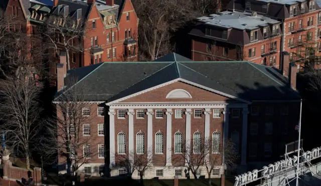 Aerial shot of a brick buildings at Harvard University