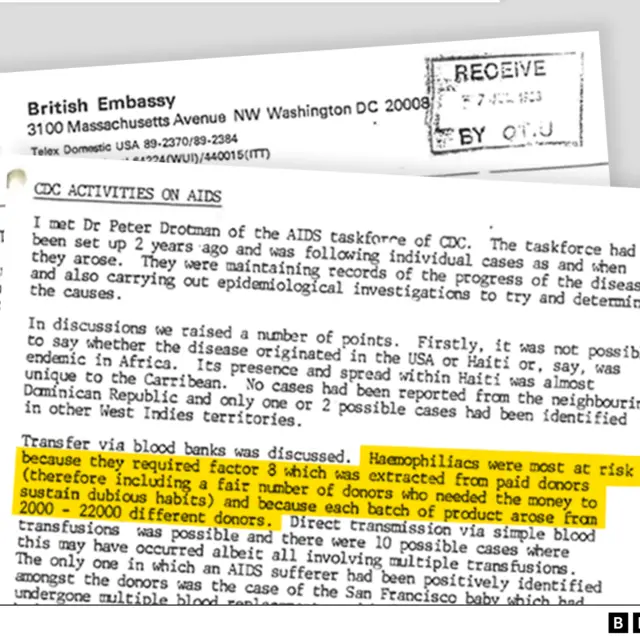 Extracto de la carta de un funcionario de la embajada de Reino Unido que describe su conversación con un representante del grupo de trabajo sobre el sida de los Centros para el Control de Enfermedades de EE.UU.
