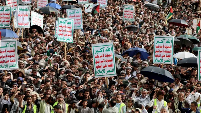 20 Haziran'daki Yemen'de yapılan İran ve Filistinlilerle dayanışma gösterisi.