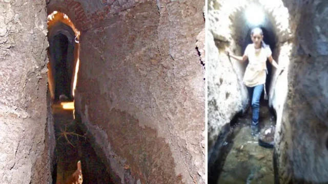 درون یکی از قنات‌ها و زنی که در حال راه رفتن در آن است