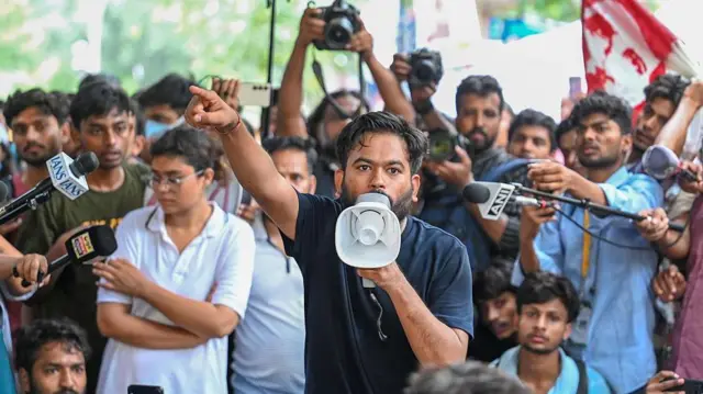 New Delhi, India - July 18, 2026: Cockroach Janta Party (CJP) founder Abhijeet Dipke speaks during the protest against Police at Jantar Mantar after activist Sonam Wangchuk, unseen, was shifted to a hospital for medical care by police on July 18, 2026 in New Delhi, India (Photo by Arvind Yadav/Hindustan Times via Getty Images)