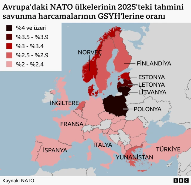 NATO'nun Avrupa üyelerinin askeri harcama oranlarını gösteren harita