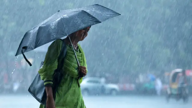 একজন নারী ছাতা মাথায় দিয়ে হাঁটছেন।