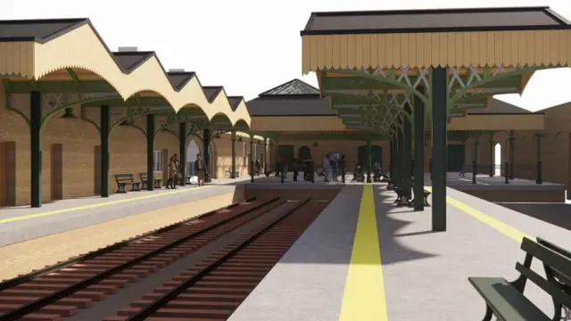 Impresión artística de las nuevas marquesinas de estilo victoriano sobre los andenes de la estación de tren de Lowestoft. A la izquierda, se ven las marquesinas arqueadas sobre un andén, sostenidas por una estructura metálica verde. A continuación, se ven dos vías de tren y, finalmente, un andén central con otra marquesina arqueada, sostenida por una estructura metálica verde.
