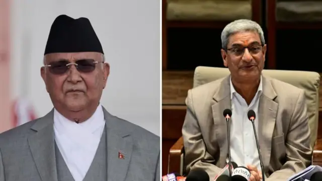 निवर्तमान प्रधानमन्त्री ओली (बायाँ) र ओली सरकारका गृहमन्त्री लेखक (फाइल तस्बिर)