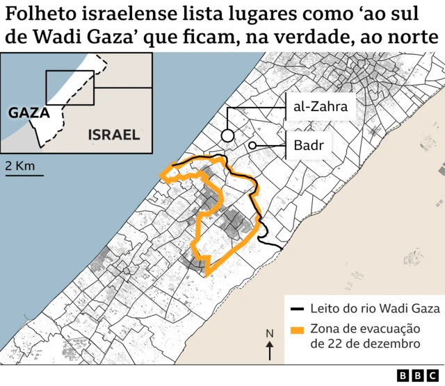 Mapa mostrando a zonasporting bet apostasevacuação ao sul do leito do rio Wadi Gaza e os bairros al-Zahra e Badr fora dele, no norte