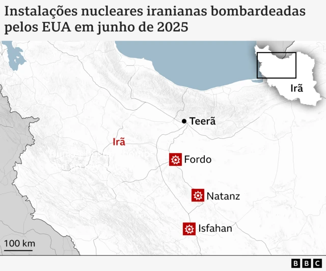 Mapa do Irã ilustrado mostrando a localização das três instalações nucleares iranianas bombardeadas pelos EUA
