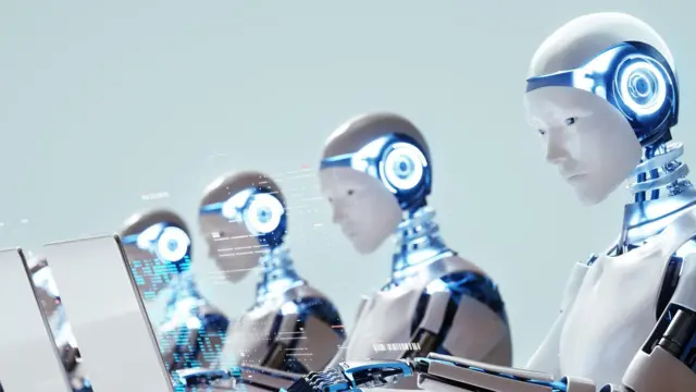 Cyfrowo wygenerowany obraz przedstawiający wiele robotów pracujących na laptopach.