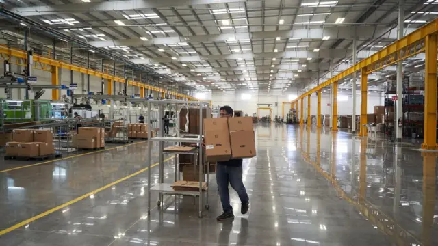 يحمل عامل صندوقًا في مصنع في ساليتيو، كواهويلا، المكسيك، يوم الاثنين 7 أكتوبر 2024.