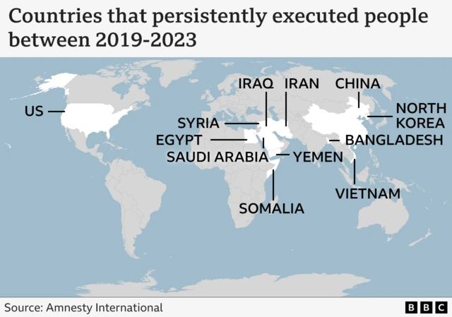 Map showing countries that persistently executed people between 2019 and 2023: US, Iraq, Iran, China, Syria, North Kofrea, Egypt, Bangladesh, Saudi Arabia, Yemen, Somalia and Vietnam