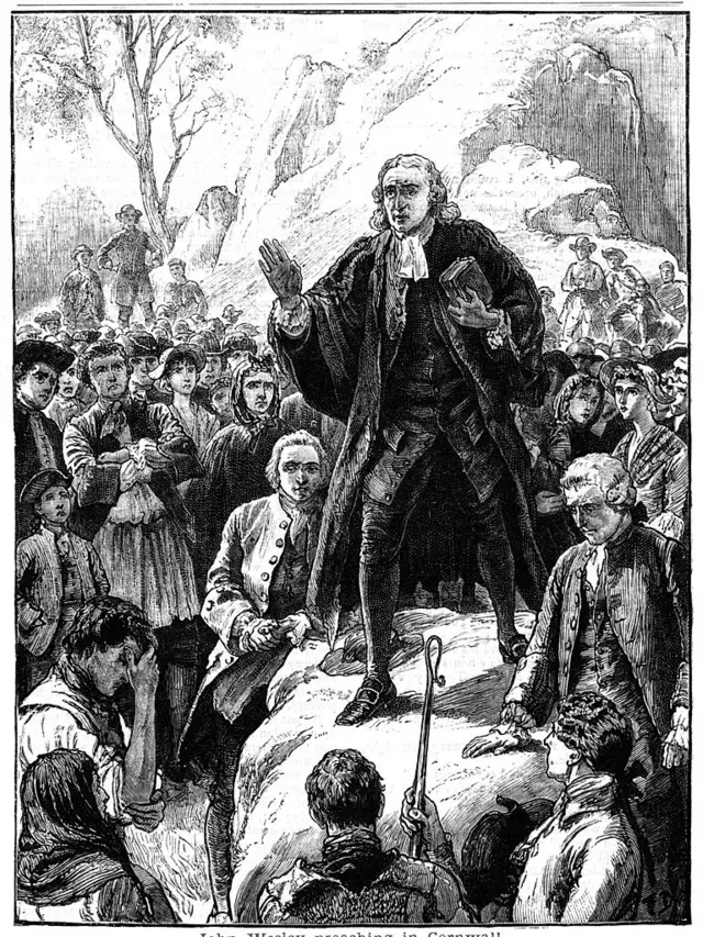 Ilustração de John Wesley pregando ao ar livre em Cornwall