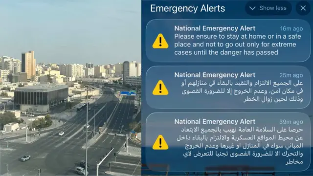 張先生說多哈市面平靜，但在天空可見防空系統攔截飛彈的痕跡，圖右是他手機不斷彈出警報提示