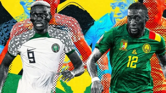 Onye egwu Nigeria Victor Osimhen (n'aka ekpe) na onye egwu Cameroon Karl Toko Ekambi (n'aka nri) nwere otu goolu n'asọmpi Afcon.