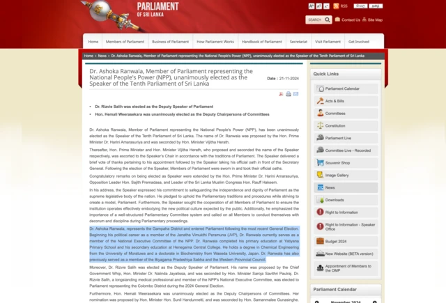 කතානායකවරයා ලෙස ඔහු තේරී පත්වීමෙන් පසු, ශ්රී ලංකා පාර්ලිමේන්තුව විසින් තම වෙබ් අඩවියට යොමු කොට තිබු තොරතුරු