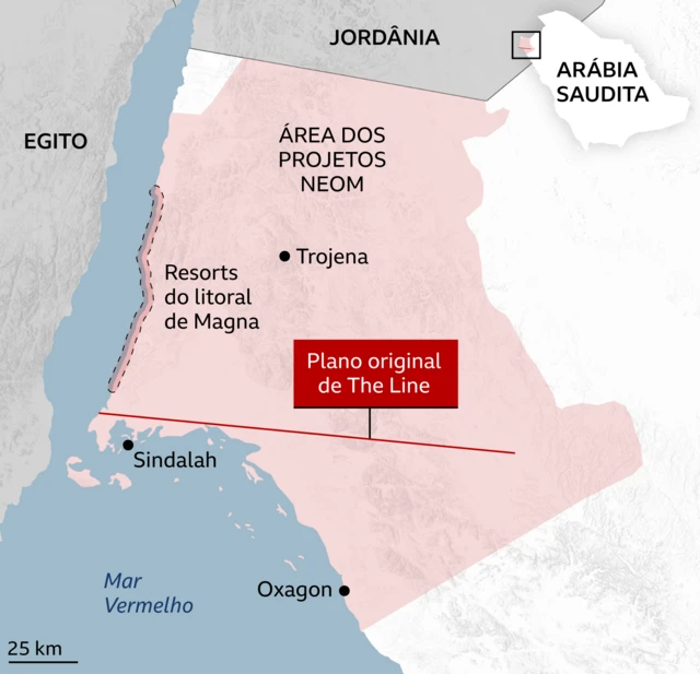 Mapa do local dos projetos Neom, no noroeste da Arábia Saudita