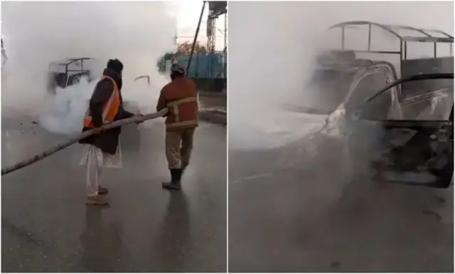 د اور وژنې عمله د کوټې په سریاب سړک د وسله والو په برید کې د ویجاړ شوي موټر د اور وژلو هڅه کوي. په دغه برید کې لږ تر لږه دوه پولیس سرتېري وژل شوي وو.