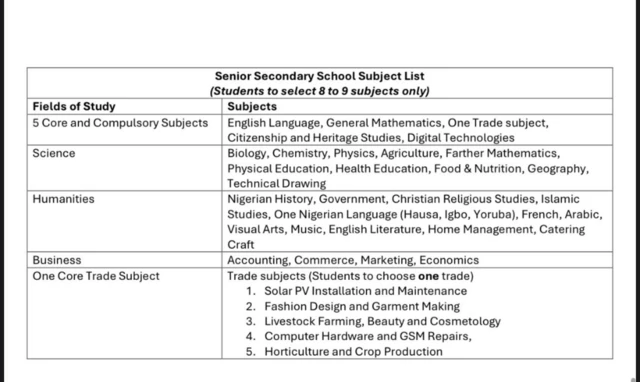 Screenshot wey dey show list of subjects wey senior classes go take