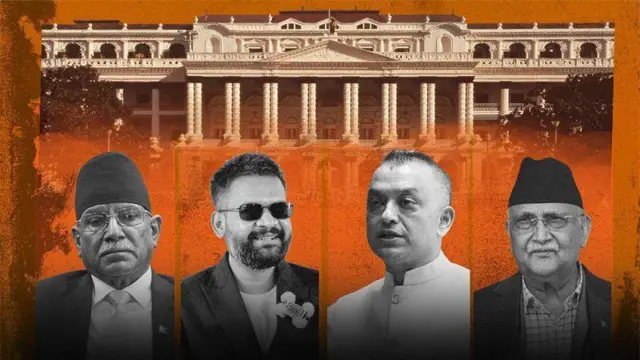 पुष्पकमल दाहाल (बायाँबाट क्रमश:), बालेन शाह, गगनकुमार थापा र केपी ओलीको तस्बिरको कोलाज। पृष्ठभूमिमा सिंहदरबार