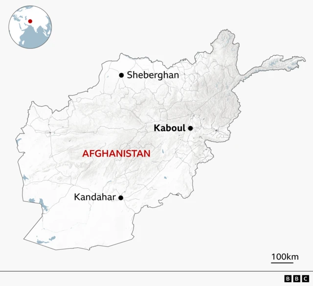 Carte de l'Afghanistan indiquant Sheberghan au nord, la capitale Kaboul, à l'est du centre du pays, et Kandahar au sud