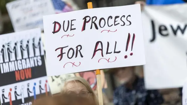 さまざまなプラカードを持った人たちの中、「全ての人に適正手続きを！」と書いたプラカードを掲げる白人女性
