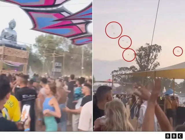 Um vídeo do site mostra os participantes do festival dançando enquanto alguns começam a notar sinais do que parece ser um lançamentobetano raspadinhafoguetes no alto.